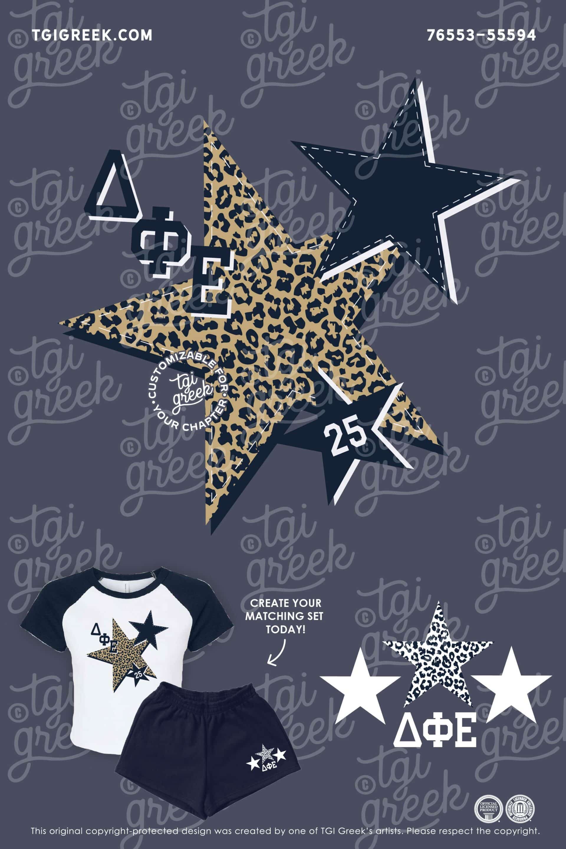 Matching shirt and shorts set for Delta Phi Epsilon sorority with a star and cheetah print design