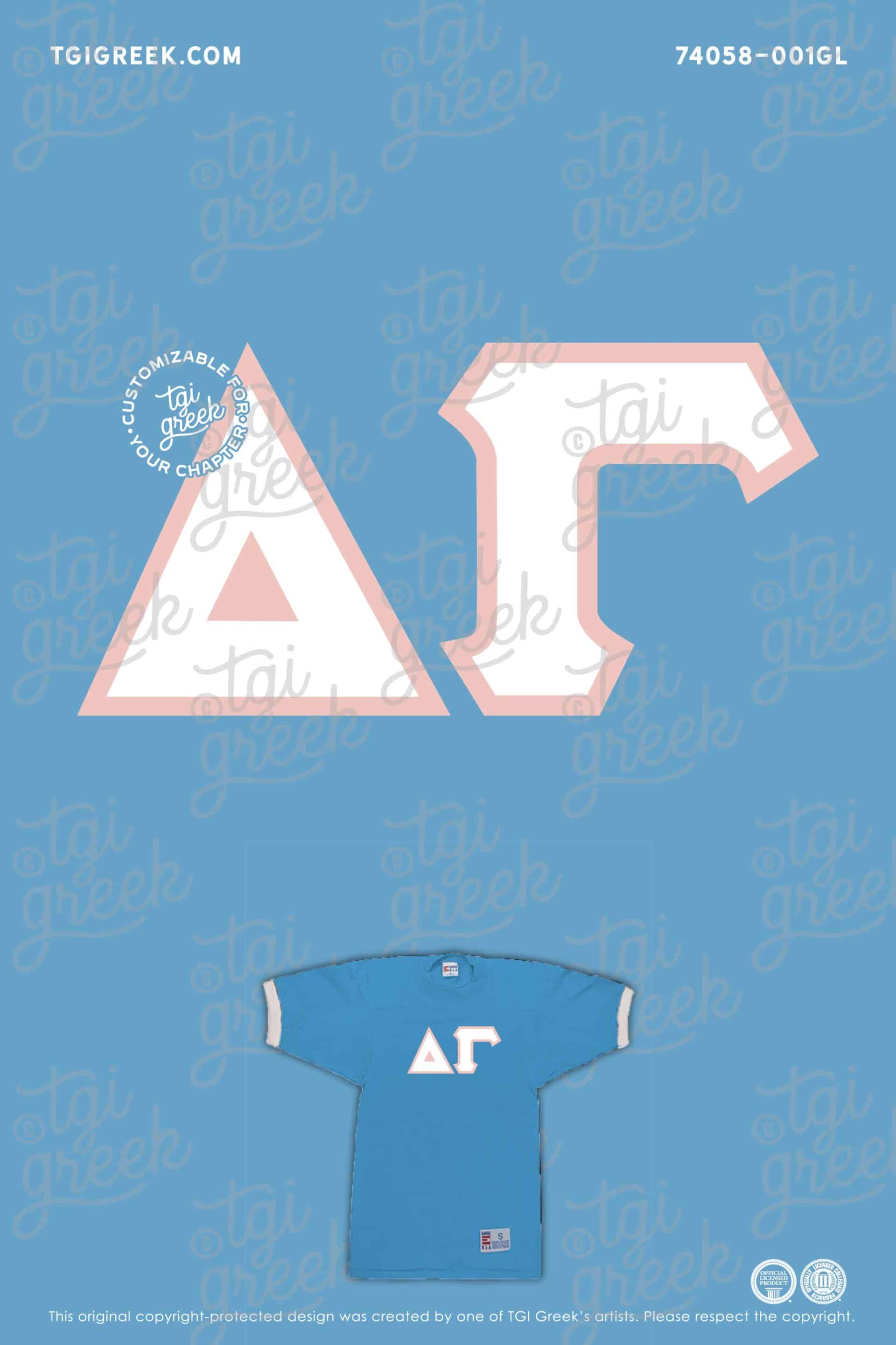 Delta Gamma Bid Day Applique Jersey with a blue and pink design
